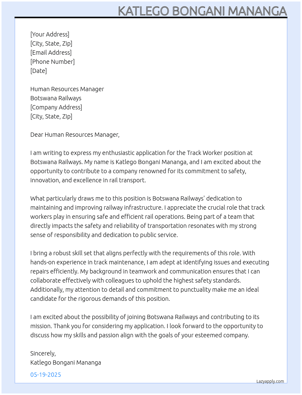 Cover letter for track worker - LazyApply