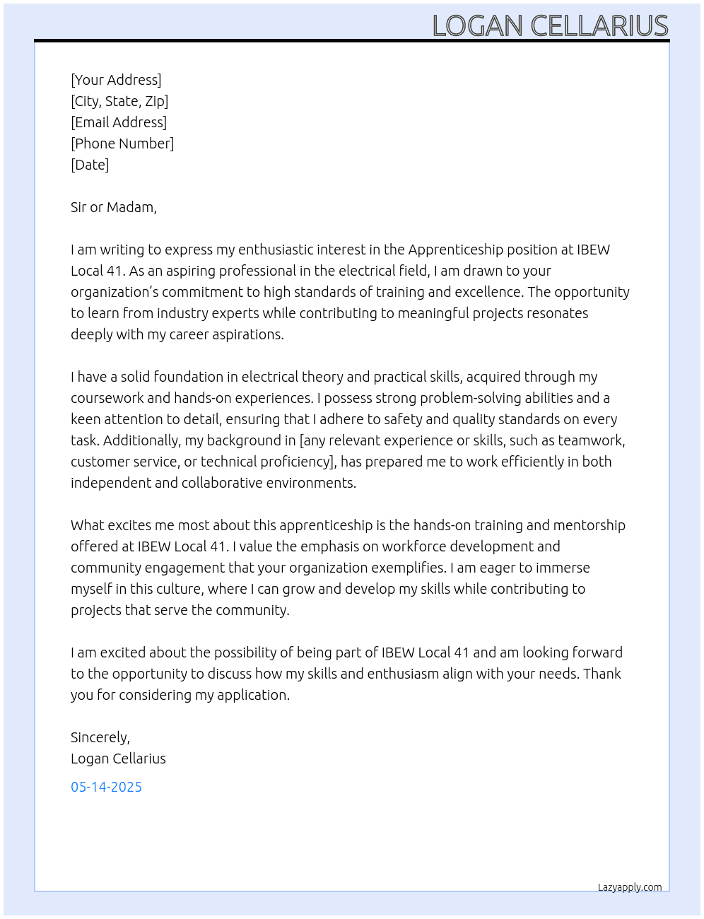 Apprentiship At IBEW Local 41 Cover Letter