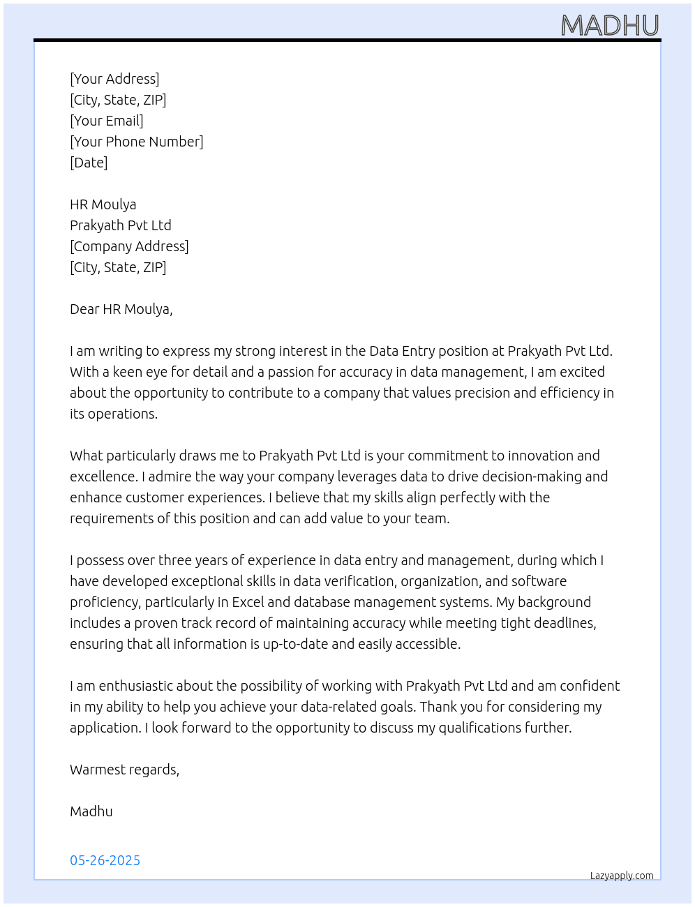 Data entry  At Prakyath pvt Ltd  Cover Letter