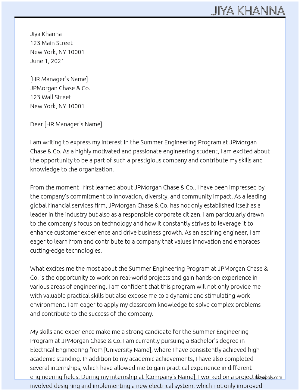 Summer Engineering Program At JPMorgan Chase $Co. Cover Letter