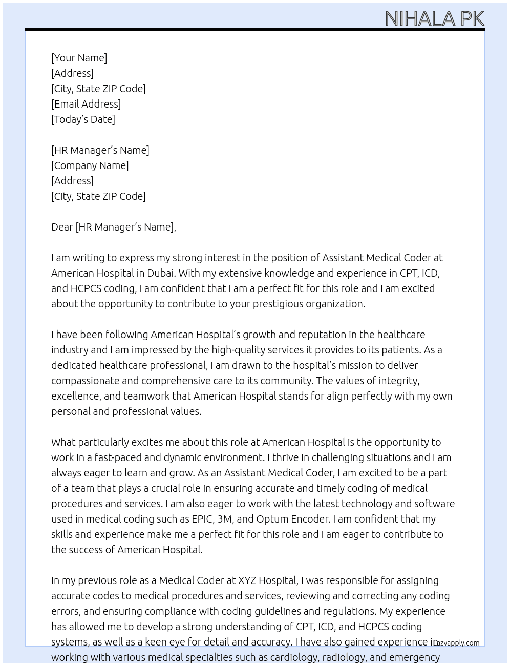 Assistants medical coder  At American hospital Cover Letter