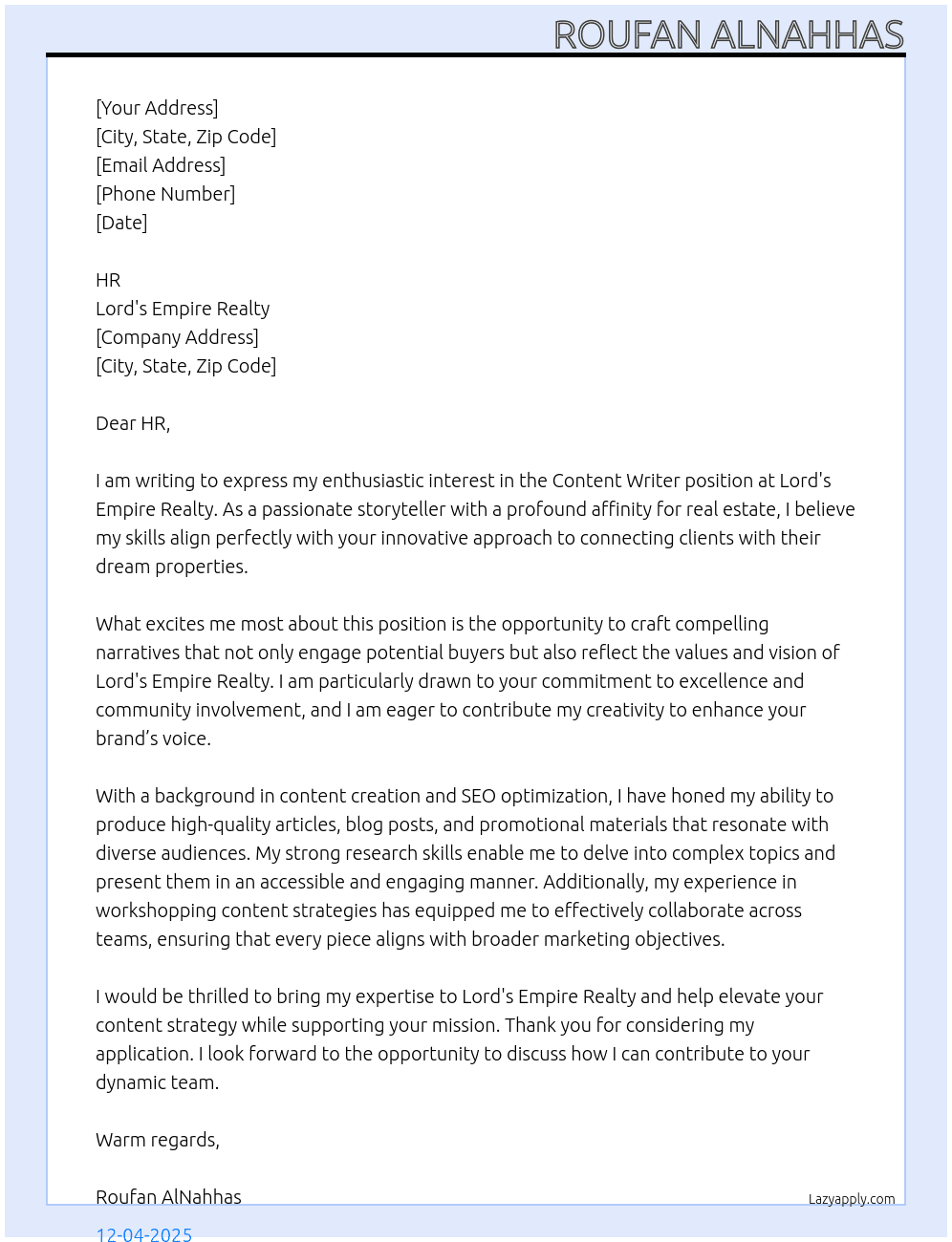 Content Writer  At lordsempirerealty Cover Letter