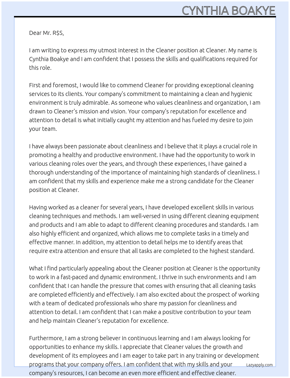 Cleaner At Cleaner Cover Letter