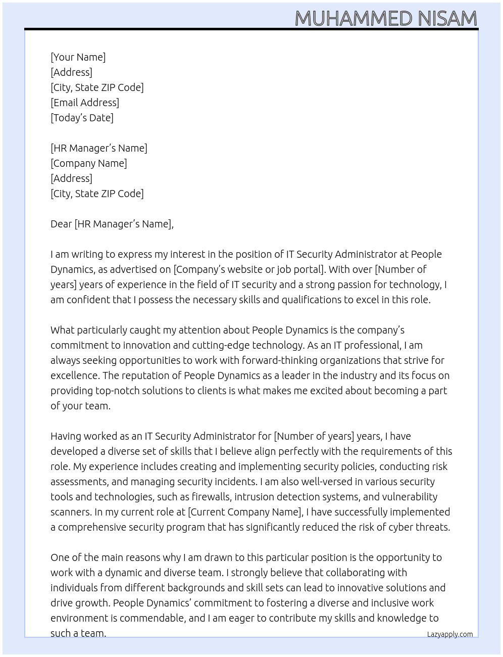 Cover letter for it security administrator - LazyApply