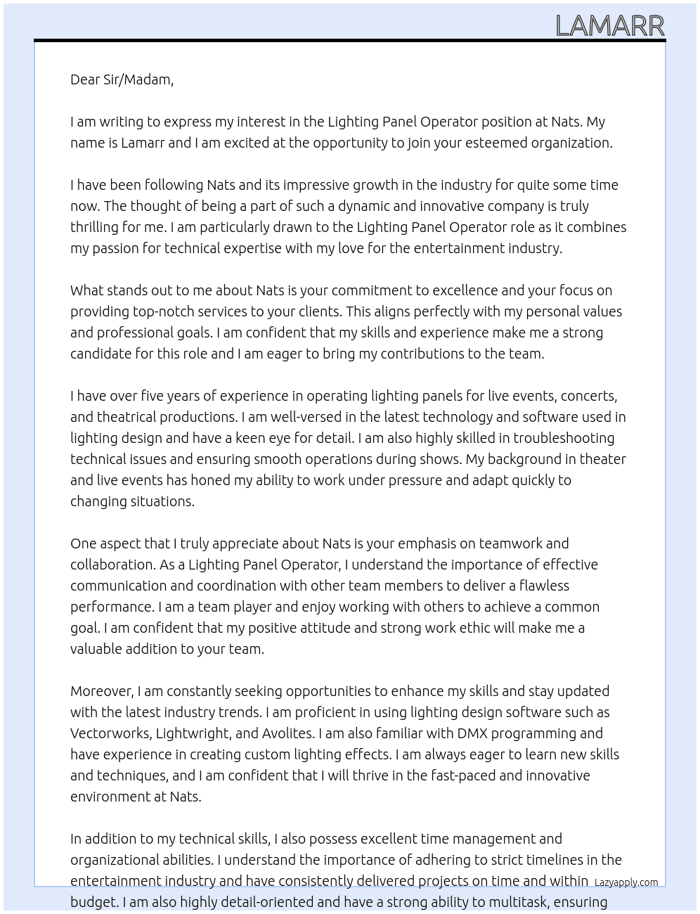 Cover letter for lighting panel operator - LazyApply