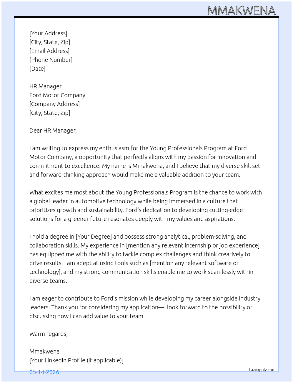 Cover letter for young professionals program - LazyApply