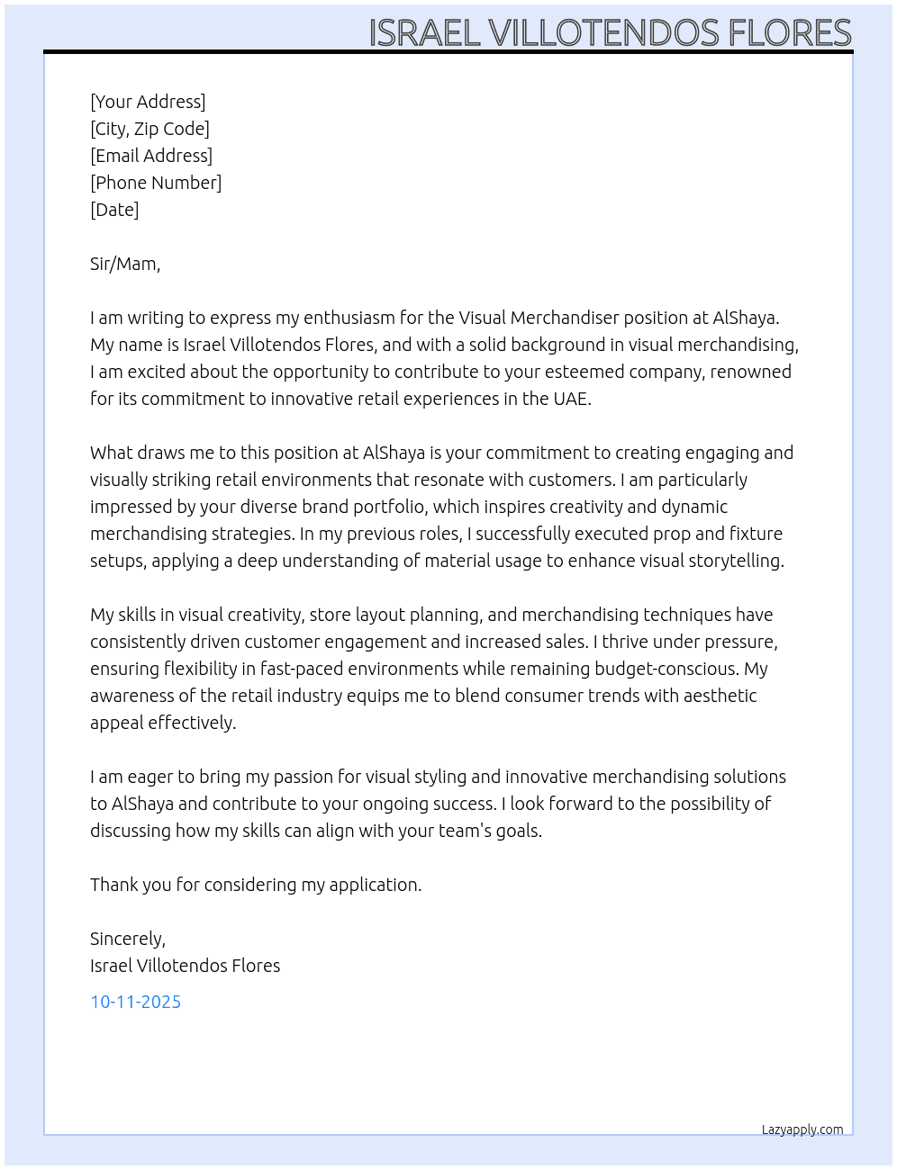 Visual Merchandiser At AlShaya Cover Letter