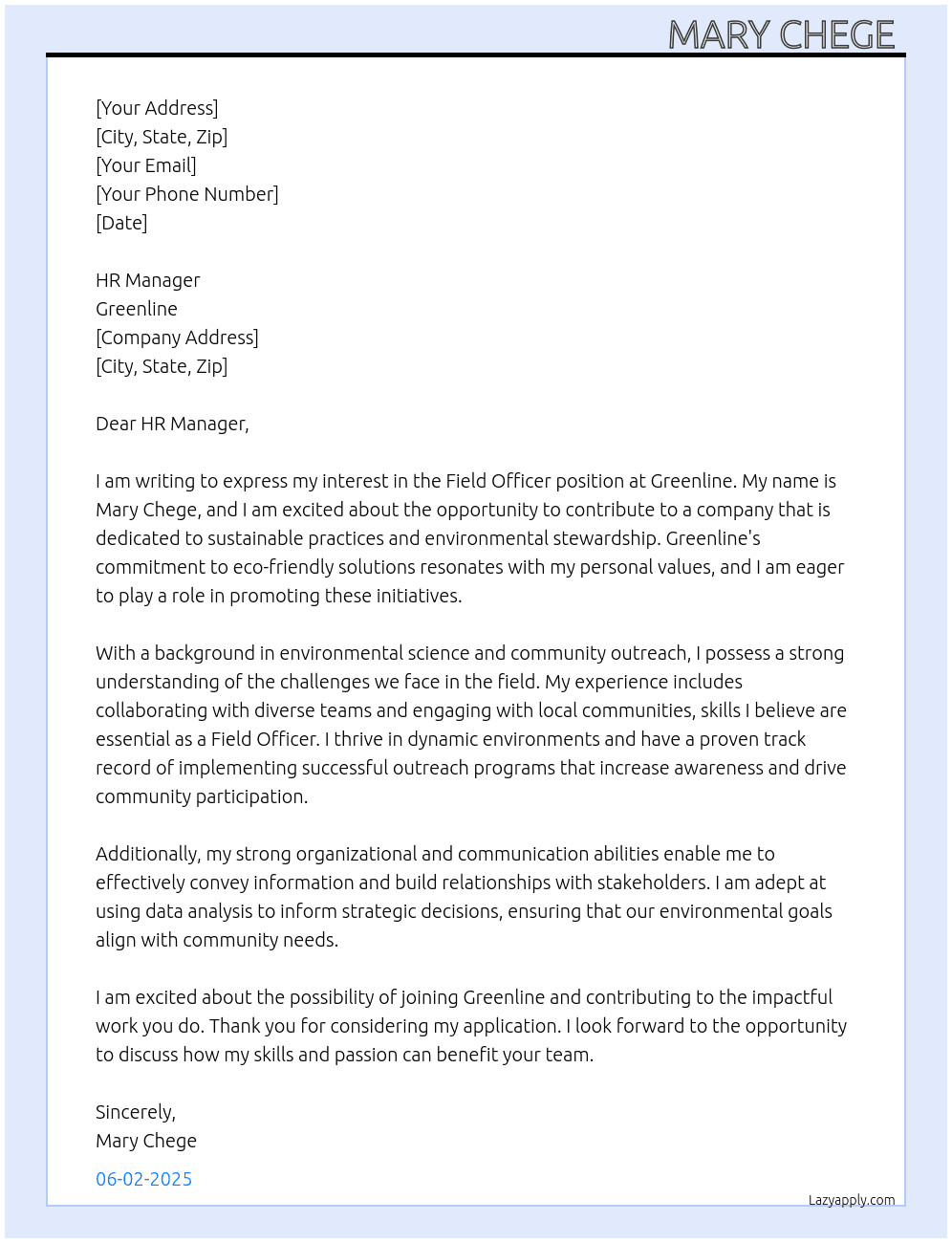 Field officer  At Greenline  Cover Letter