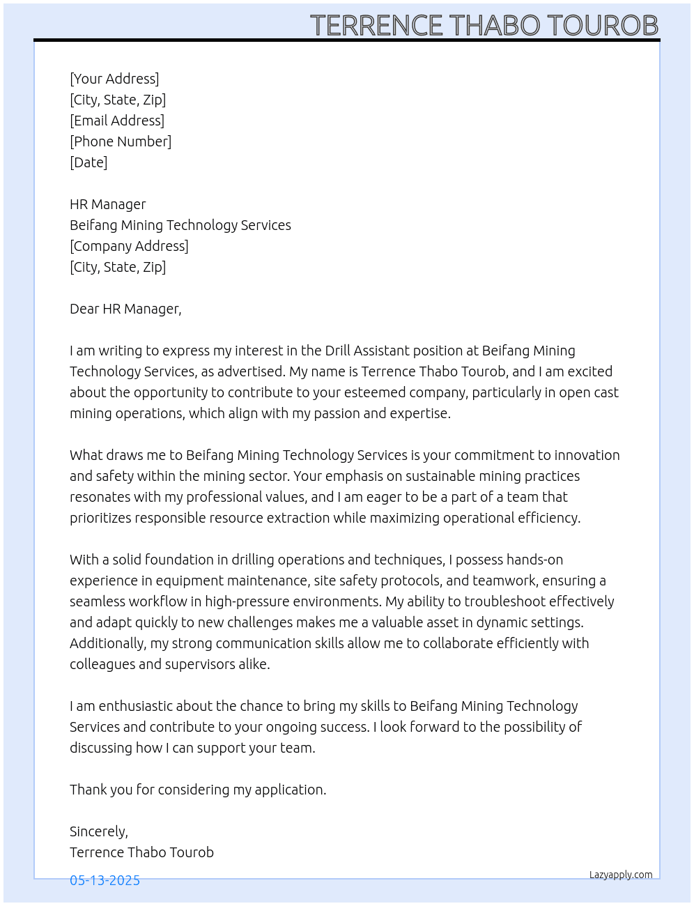 drill assistant At Beifang Mining Technology Services Cover Letter