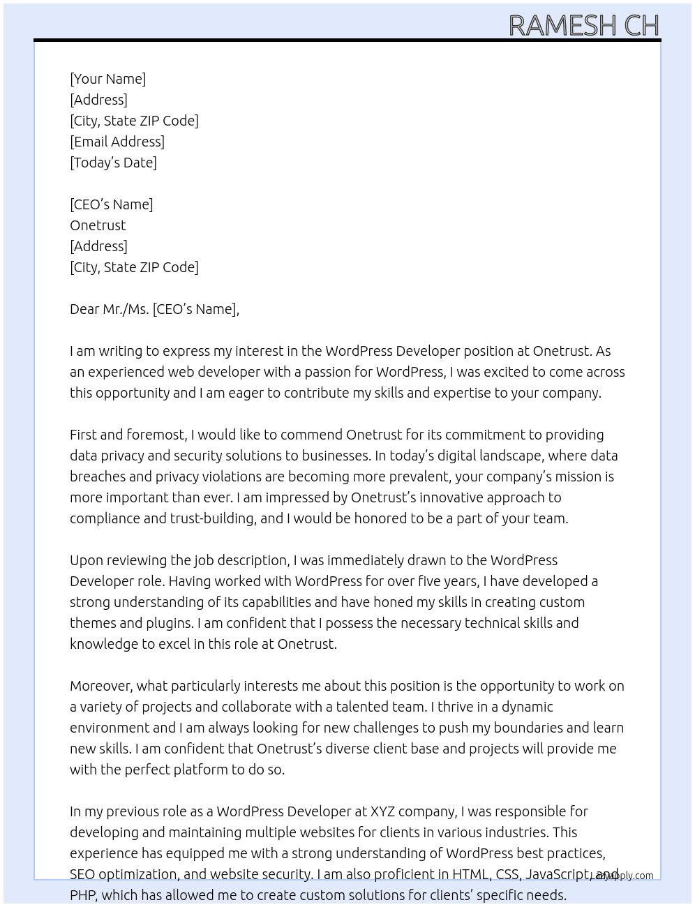 WordPress Developer At Onetrust Cover Letter