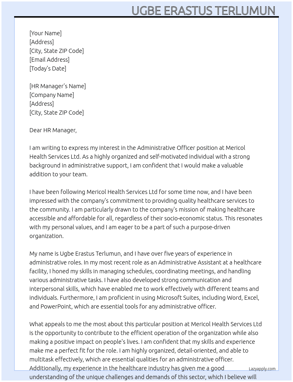 Administrative Officer At Mericol Health Services Ltd  Cover Letter