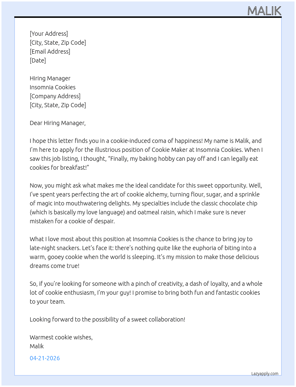 Cover letter for making cookies - LazyApply
