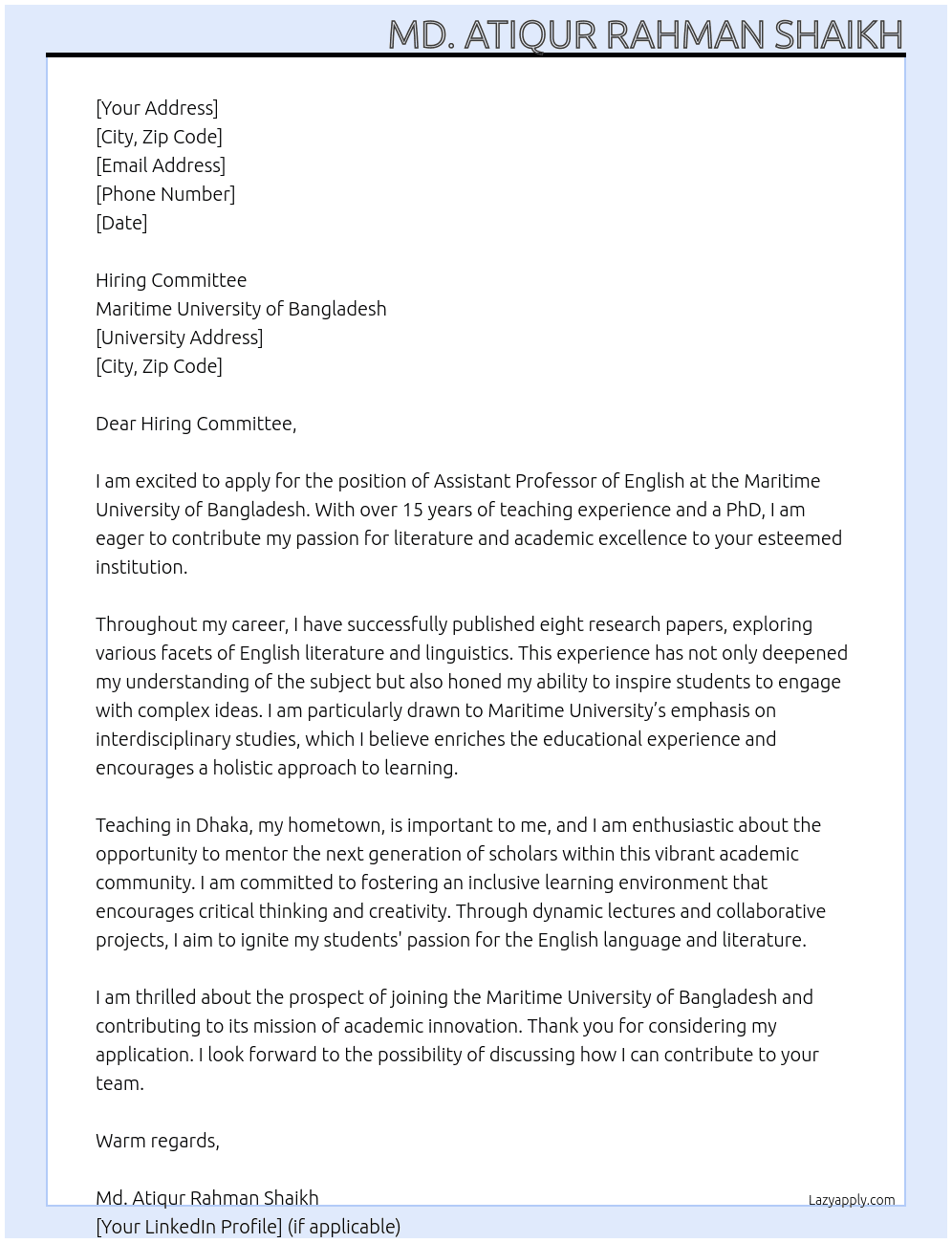 An Assistant Professor of English At Maritime University of Bangladesh Cover Letter