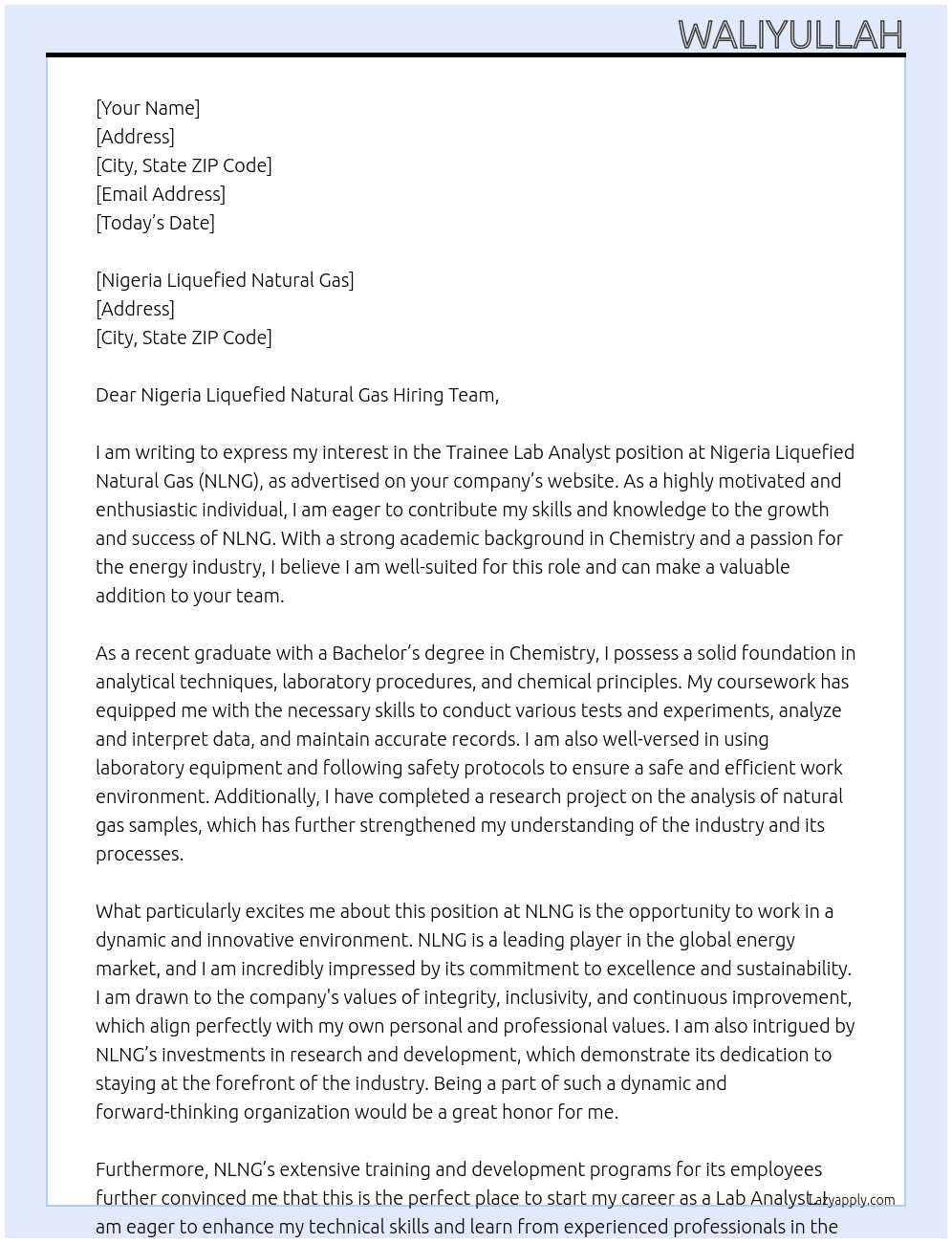 trainee lab analyst At NLNG Cover Letter
