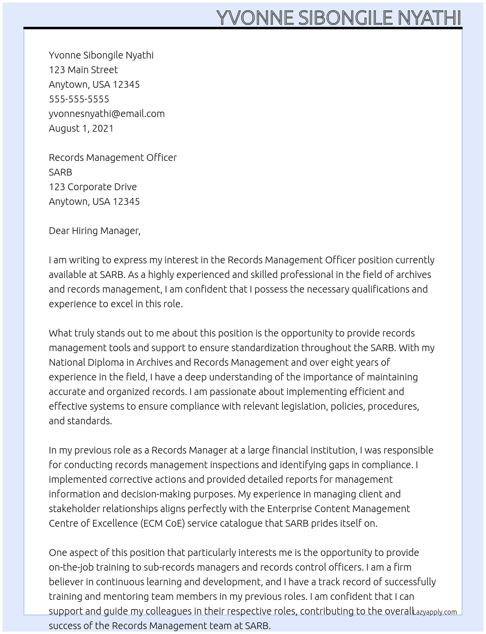 Office Assistant At Records Management Officer Cover Letter