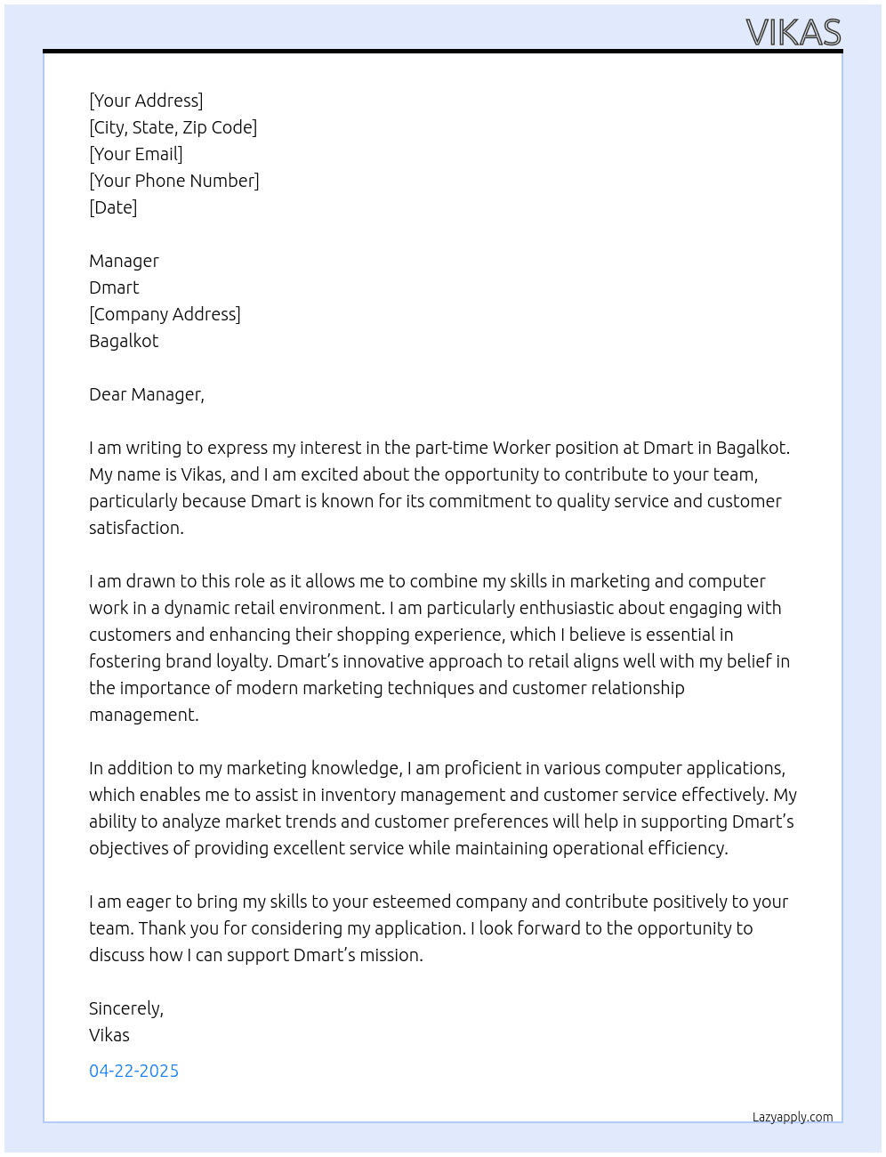 Worker At Dmart  Cover Letter