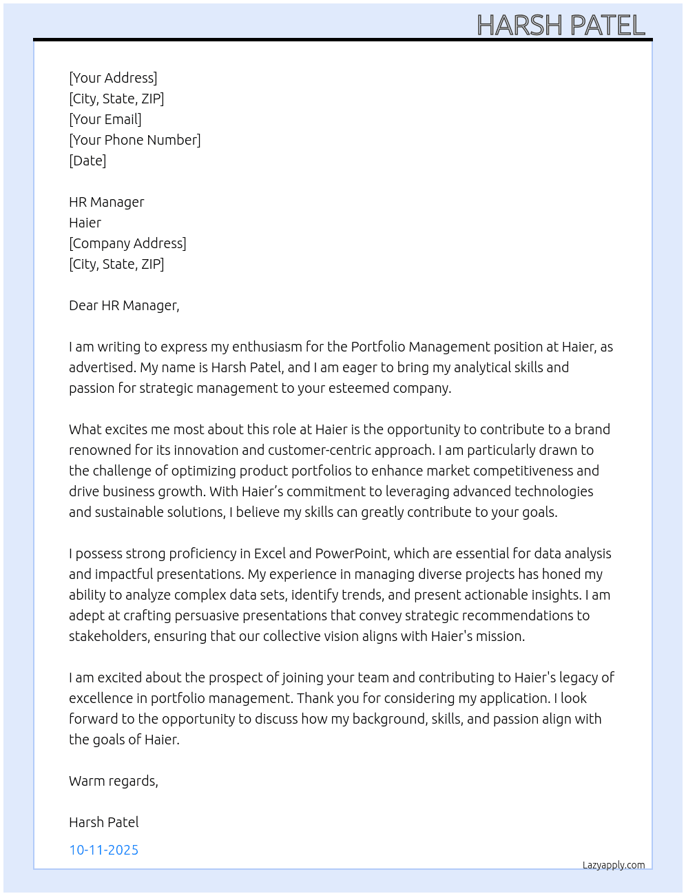 Portfolio Management  At Haier Cover Letter