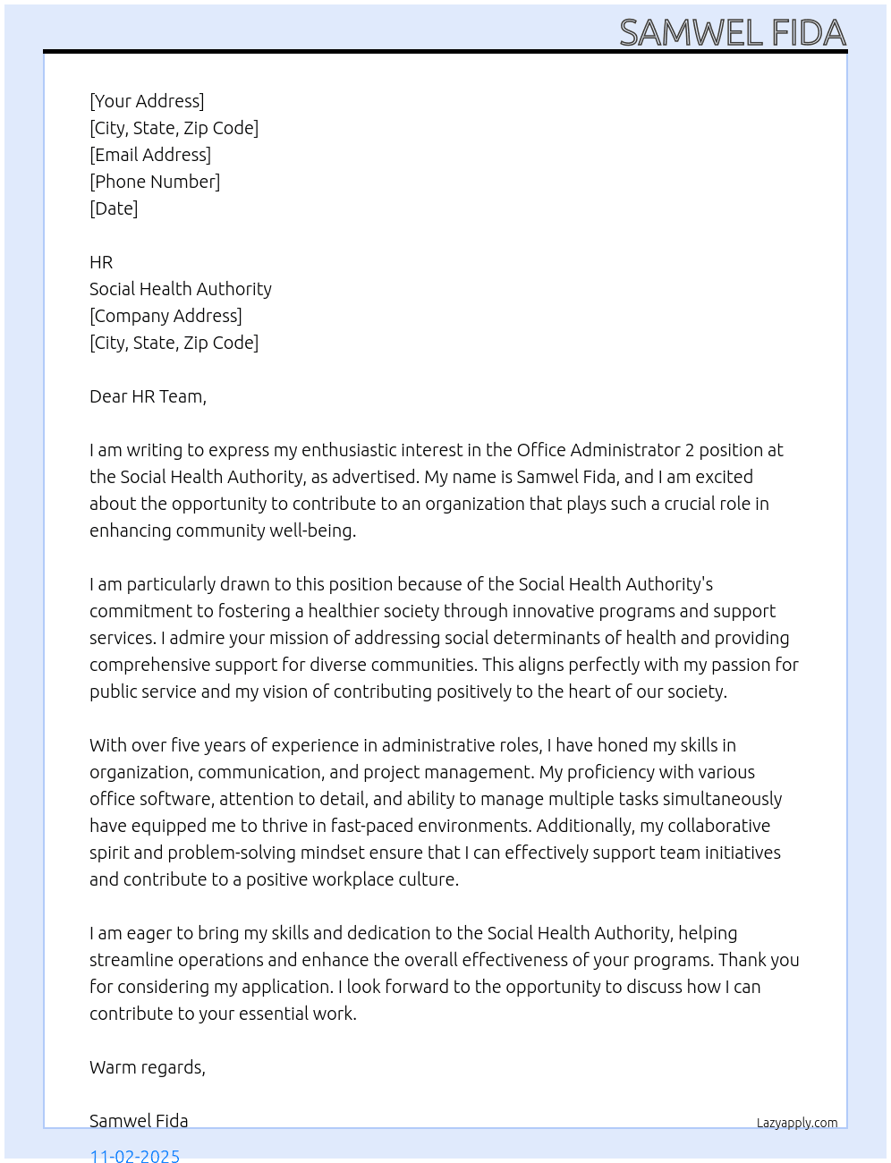 Office Administrator 2 At Social Health Authority Cover Letter
