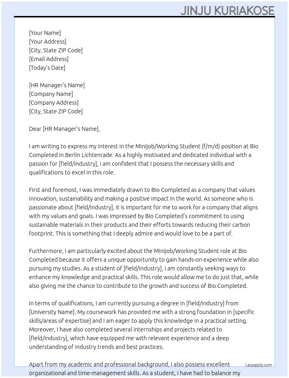 Minijob / Working Student (f/m/d) in Berlin Lichtenrade At Bio Completed  Cover Letter
