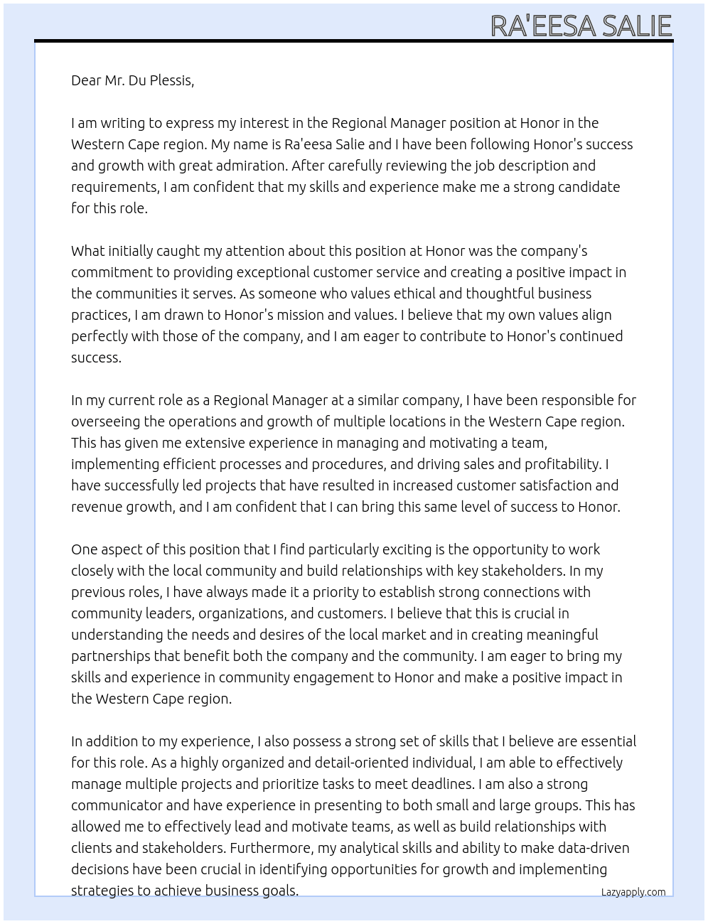 Regional Manager - Western Cape At Honor Cover Letter