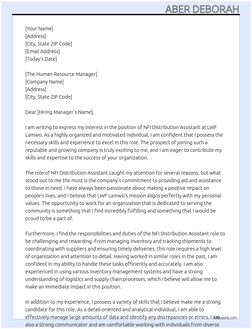 NFI distribution assistant At LWF Lamwo Cover Letter