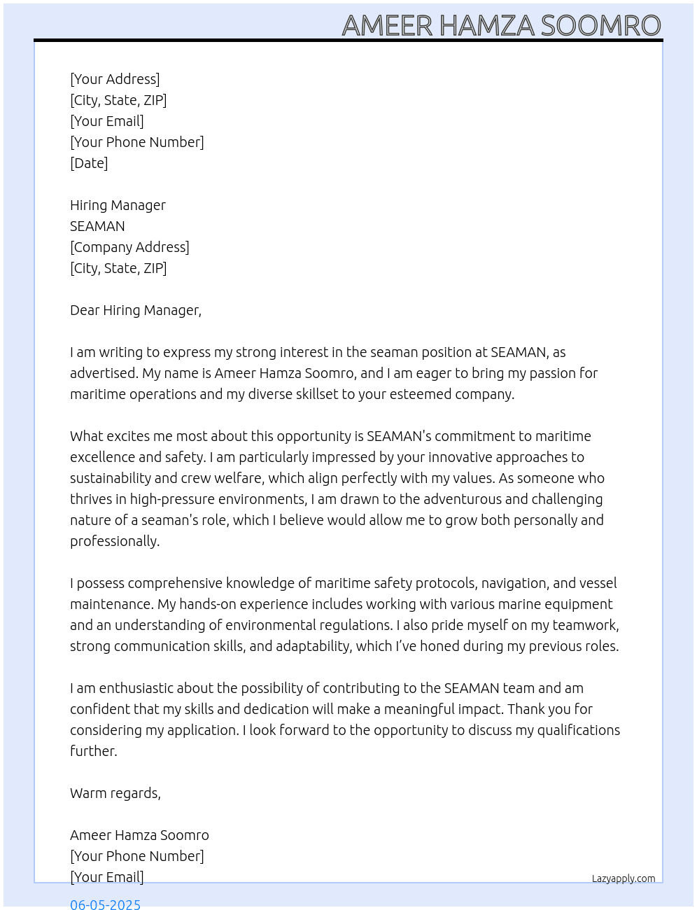 seaman job  At SEAMAN  Cover Letter