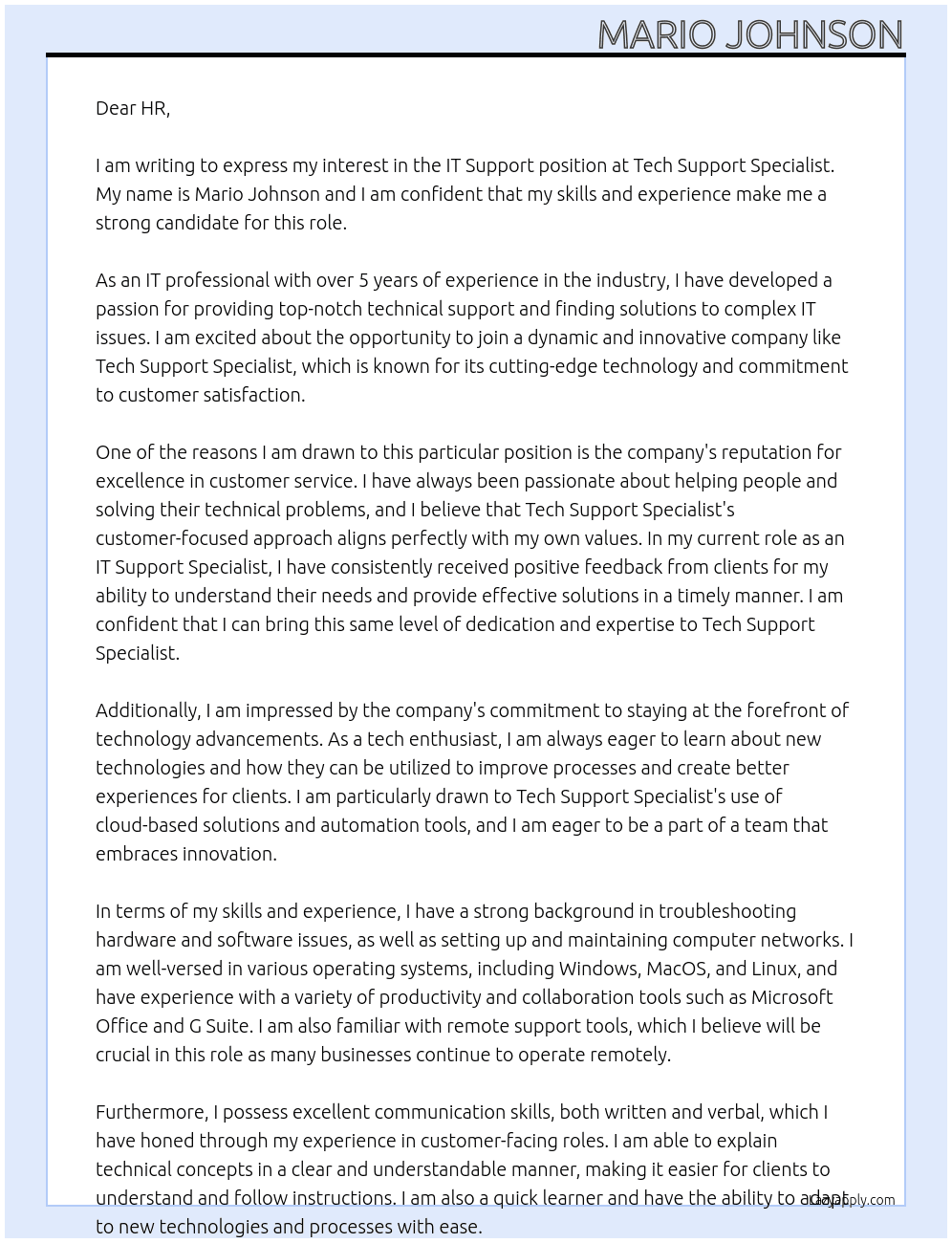 IT Support At Tech support Specialist Cover Letter