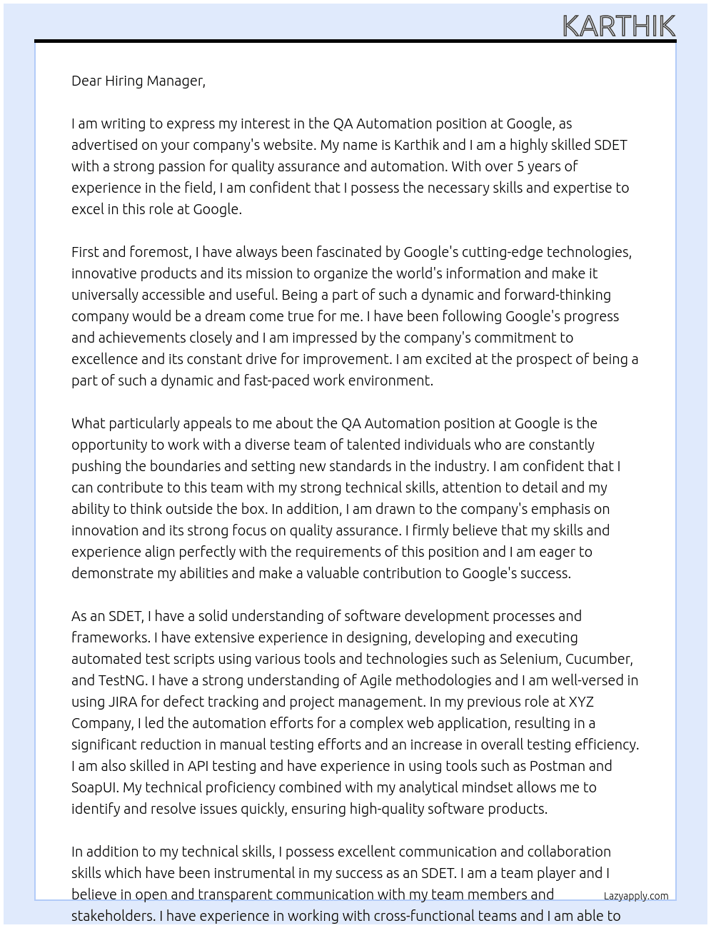 QA Automation At Google Cover Letter