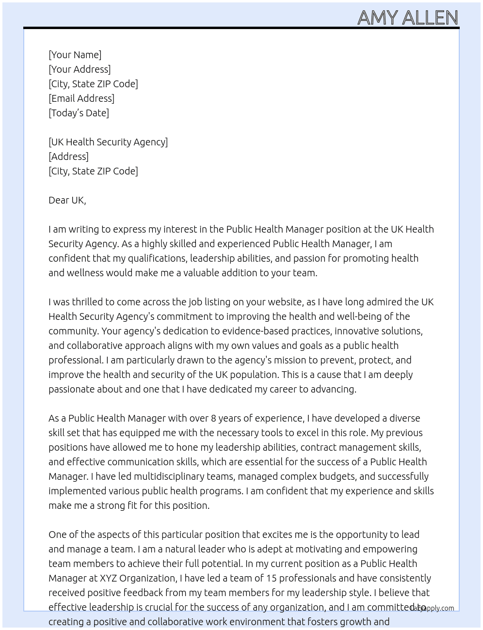 Public Health Manager At UK Health Security Agency  Cover Letter
