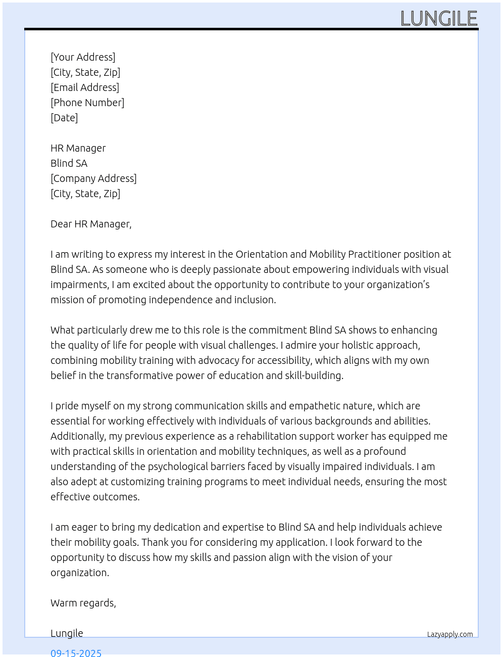 Orientation and Mobility Preactitioner At Blind SA Cover Letter