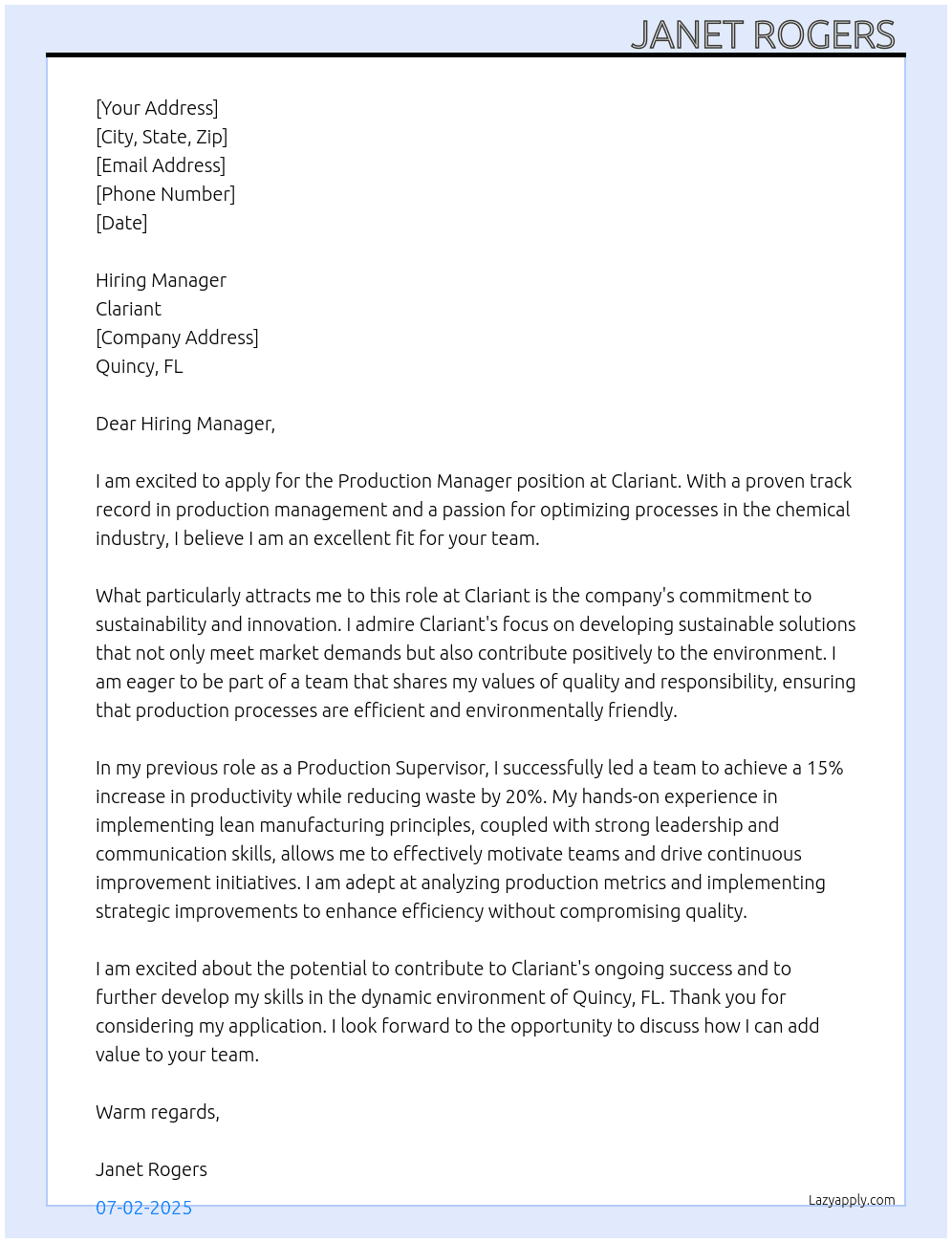 Production Manager  At Clariant  Cover Letter