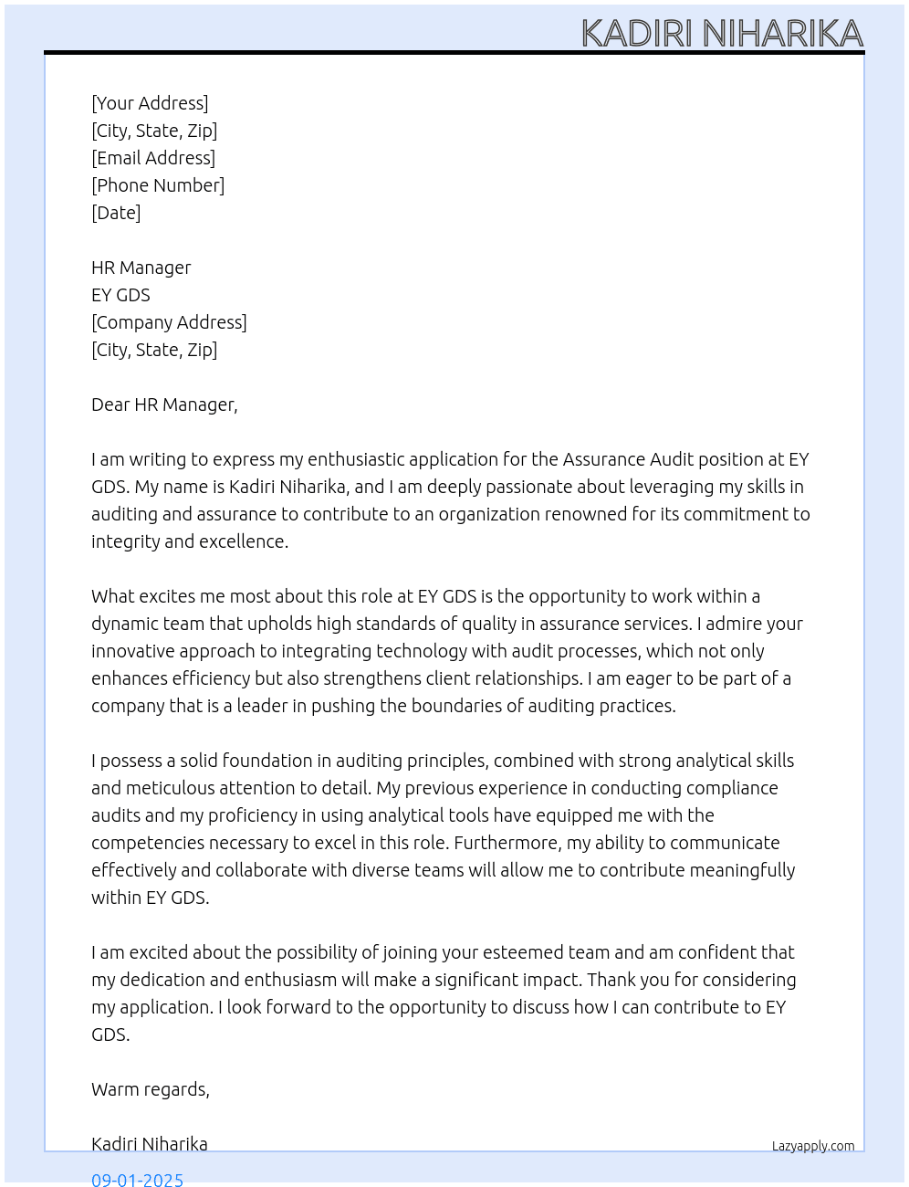 Cover letter for assurance audit - LazyApply