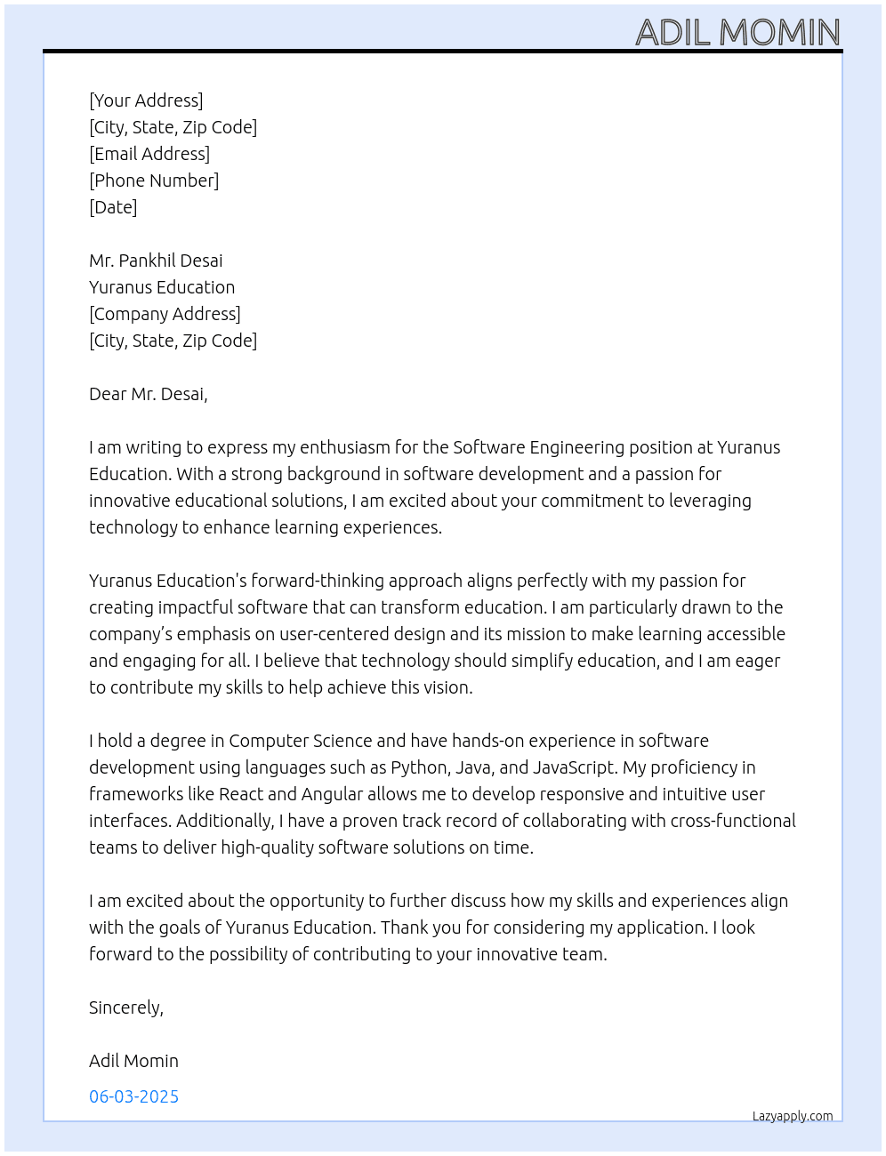 Cover letter for software enginering - LazyApply