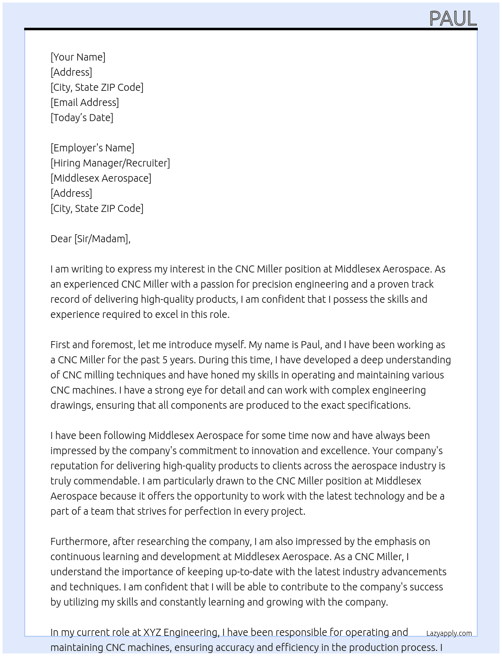 cnc miller At middlesex aerospace Cover Letter