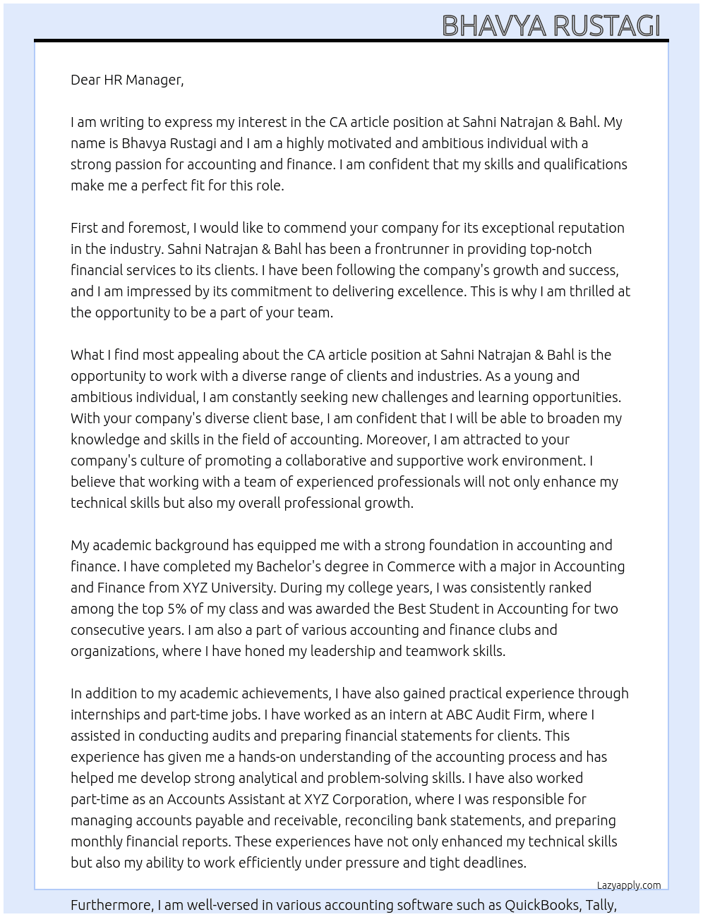 Ca article  At Sahni Natrajan & Bahl Cover Letter
