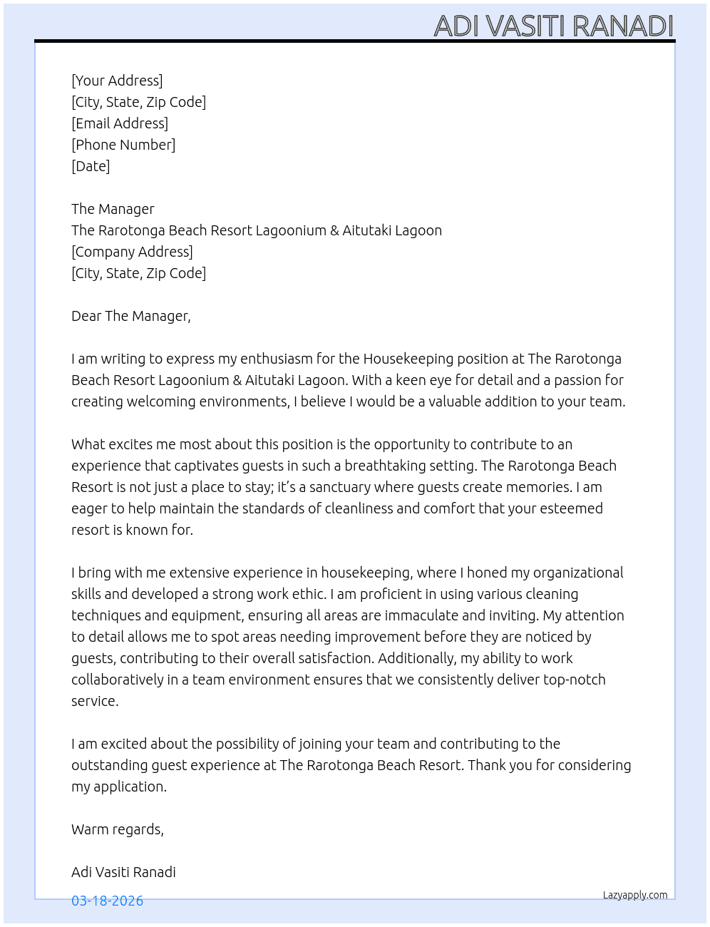 Housekeeping  At The Rarotonga Beach Resort Lagoonium &Aitutaki Lagoon  Cover Letter