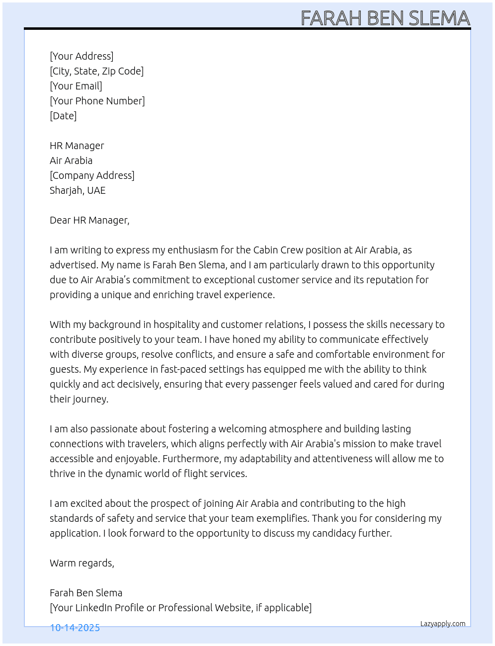 Cabin crew At Air Arabia  Cover Letter