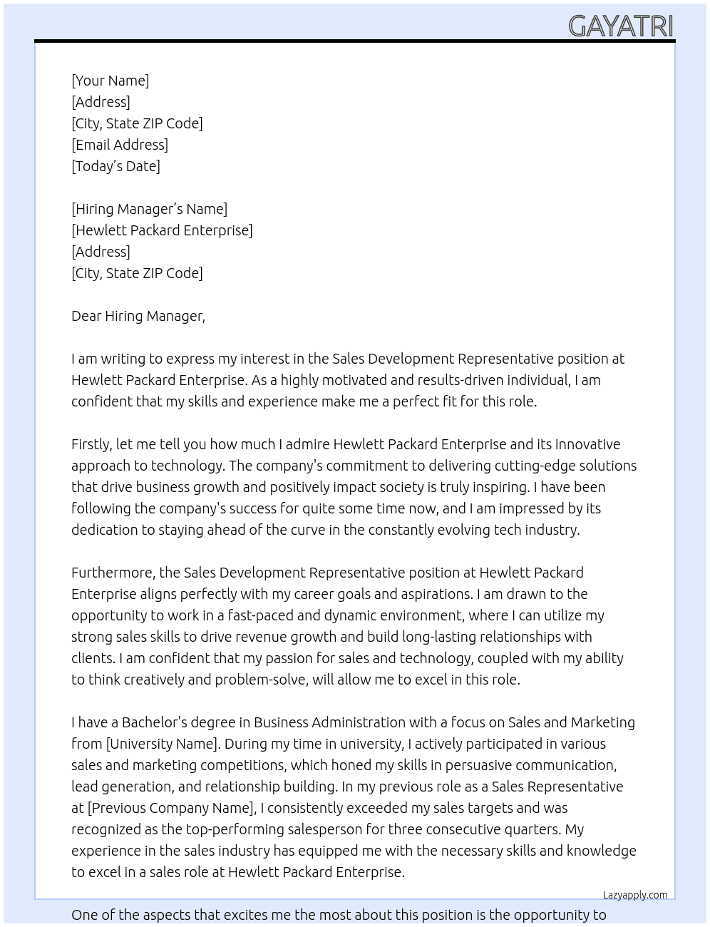 Sales Development Representative  At Hewlett Packard Enterprise Cover Letter