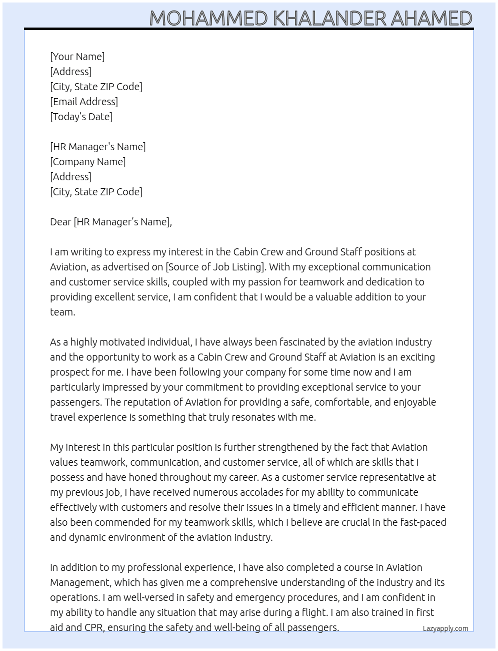 Cabin crew, Ground staff  At Aviation  Cover Letter