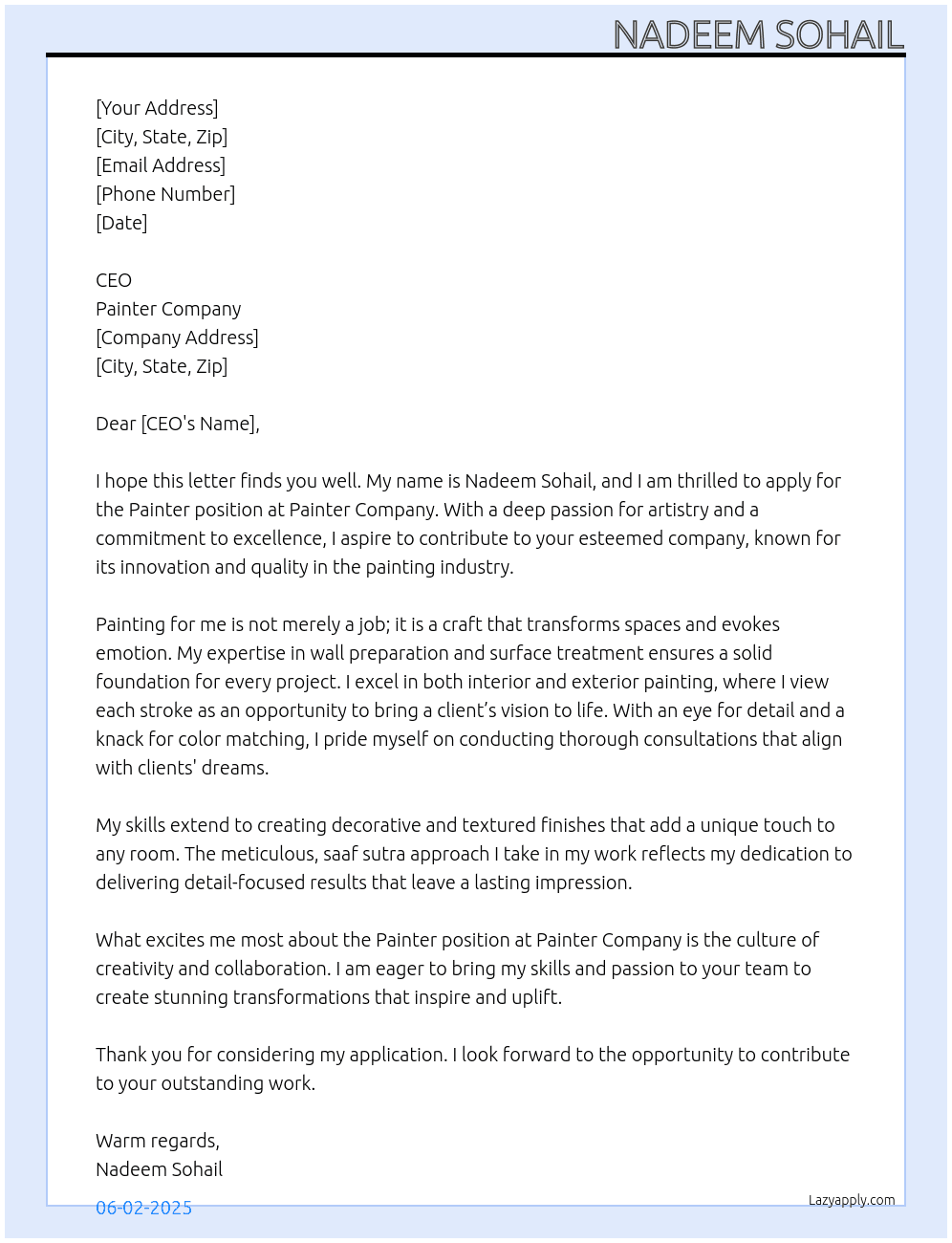 Painter  At Painter company Cover Letter