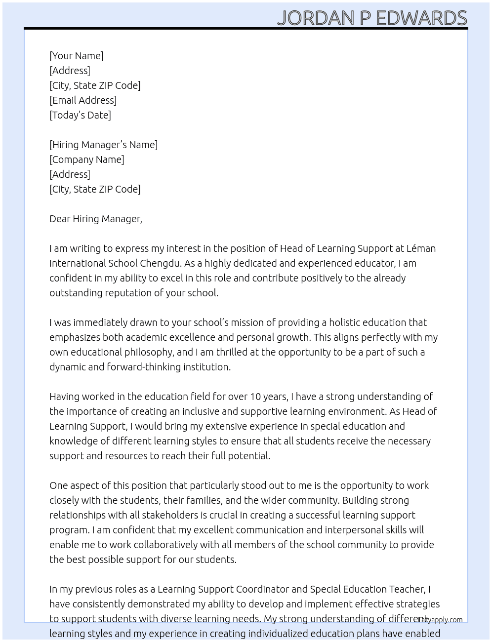 Cover letter for head of learning support - LazyApply