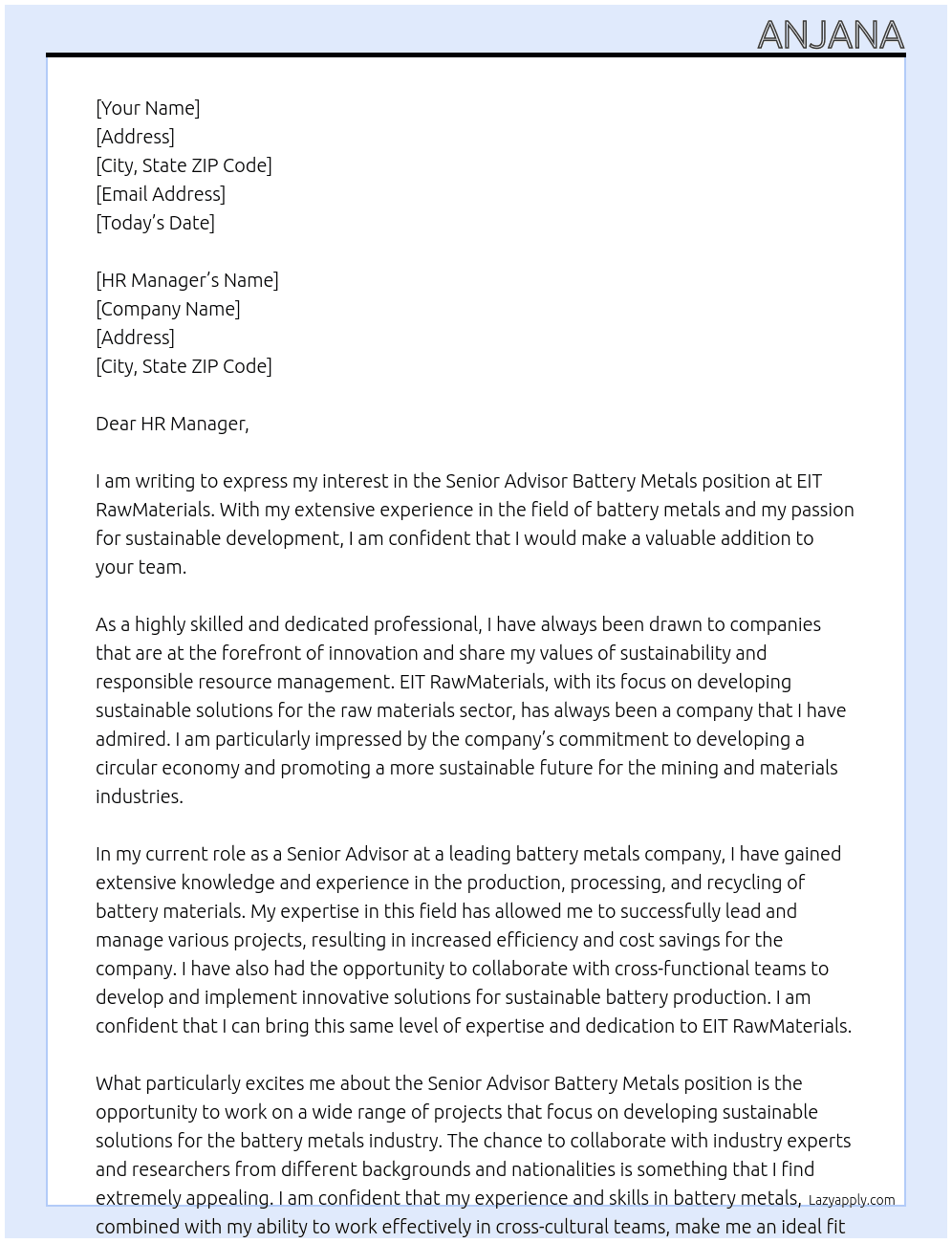Senior advisor battery metals At EIT RawMaterials Cover Letter