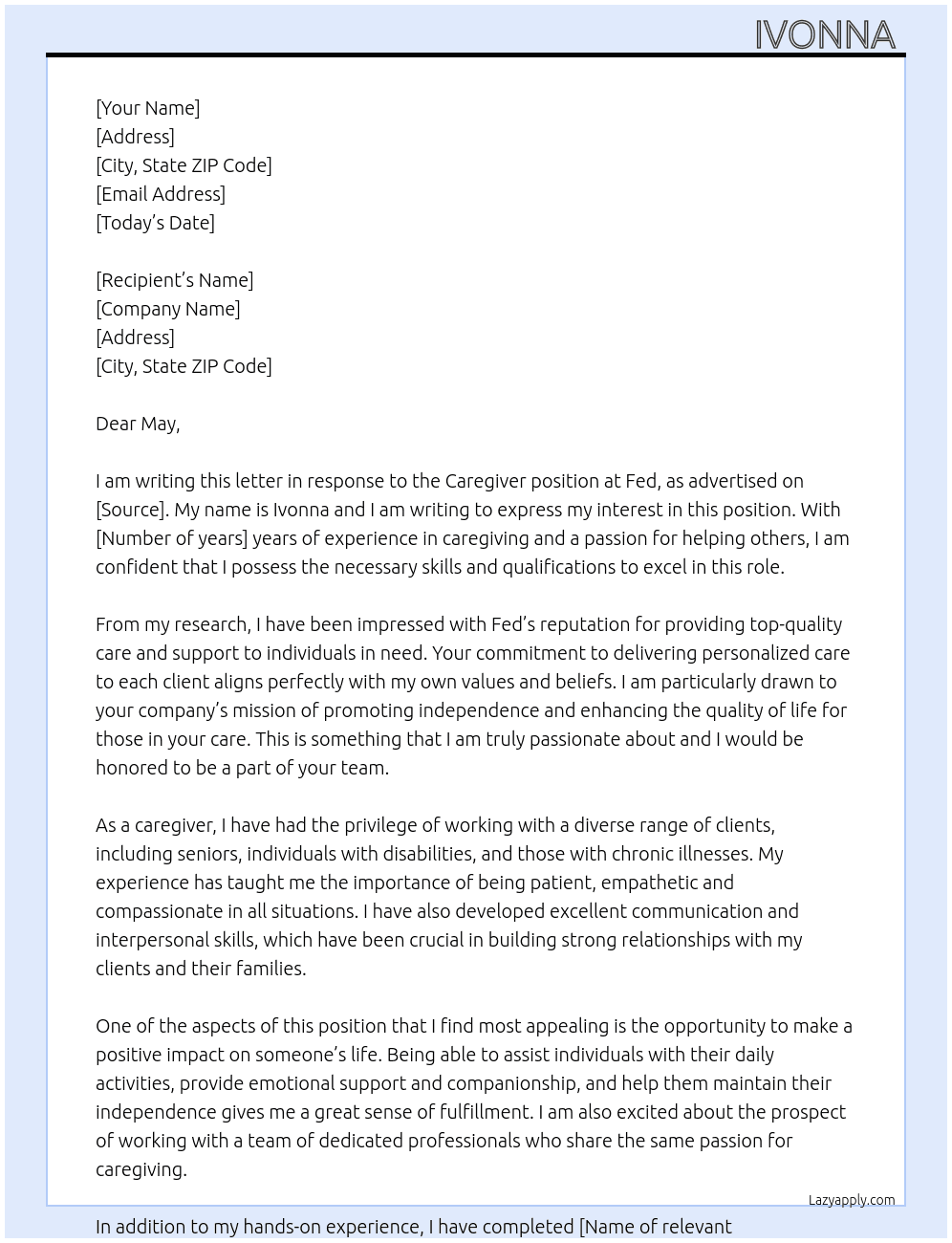 Caregiver  At Fed Cover Letter