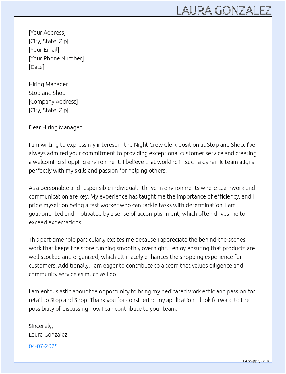 Night crew clerk At Stop and shop  Cover Letter