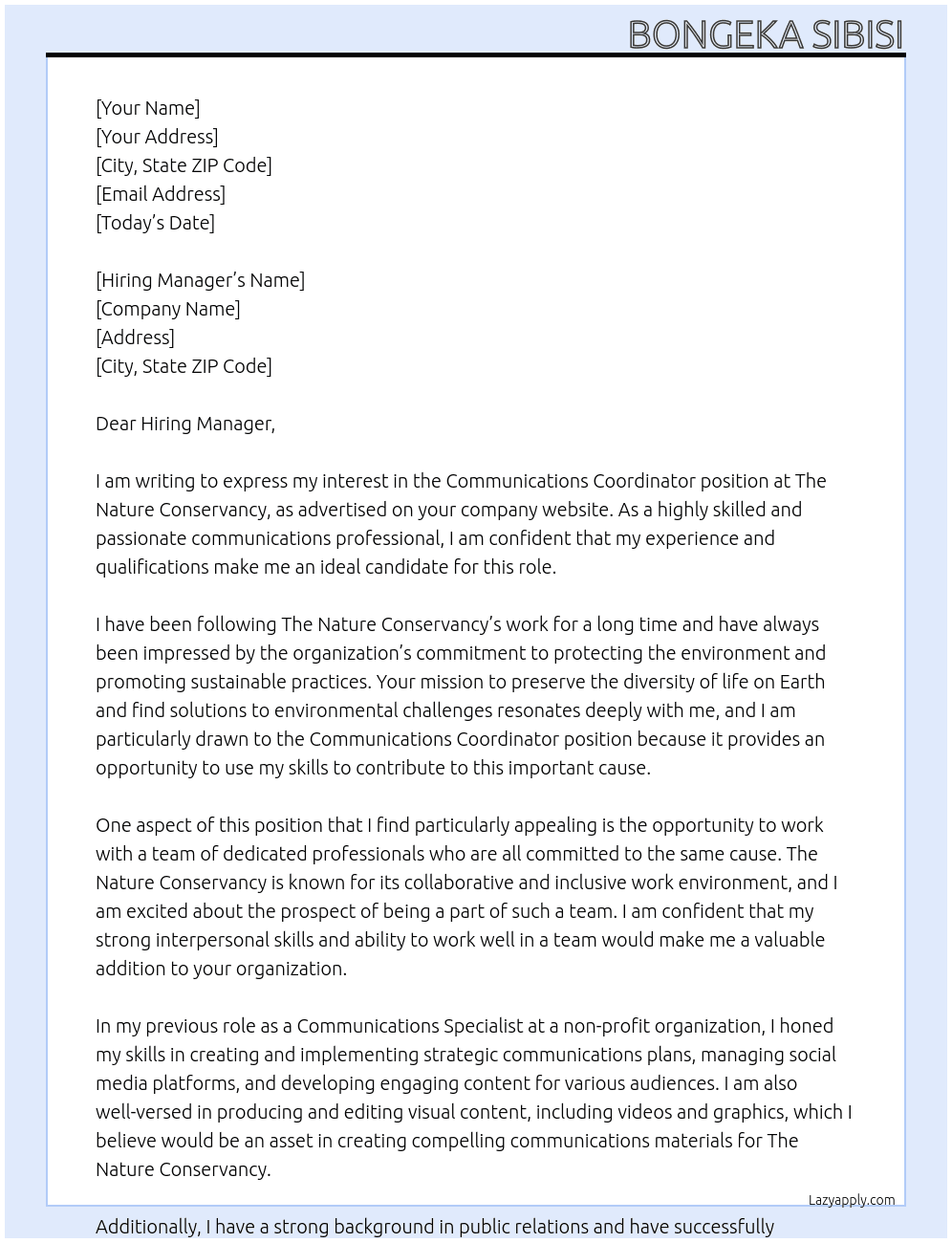 Communications Coordinator At The Nature Conservancy Cover Letter