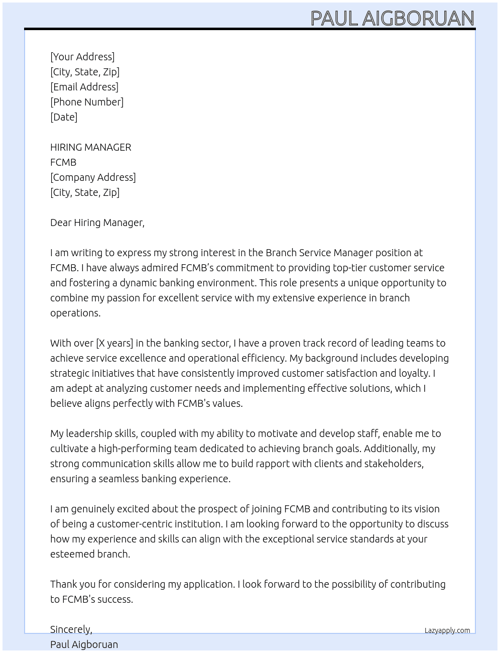 Cover letter for branch service manager - LazyApply