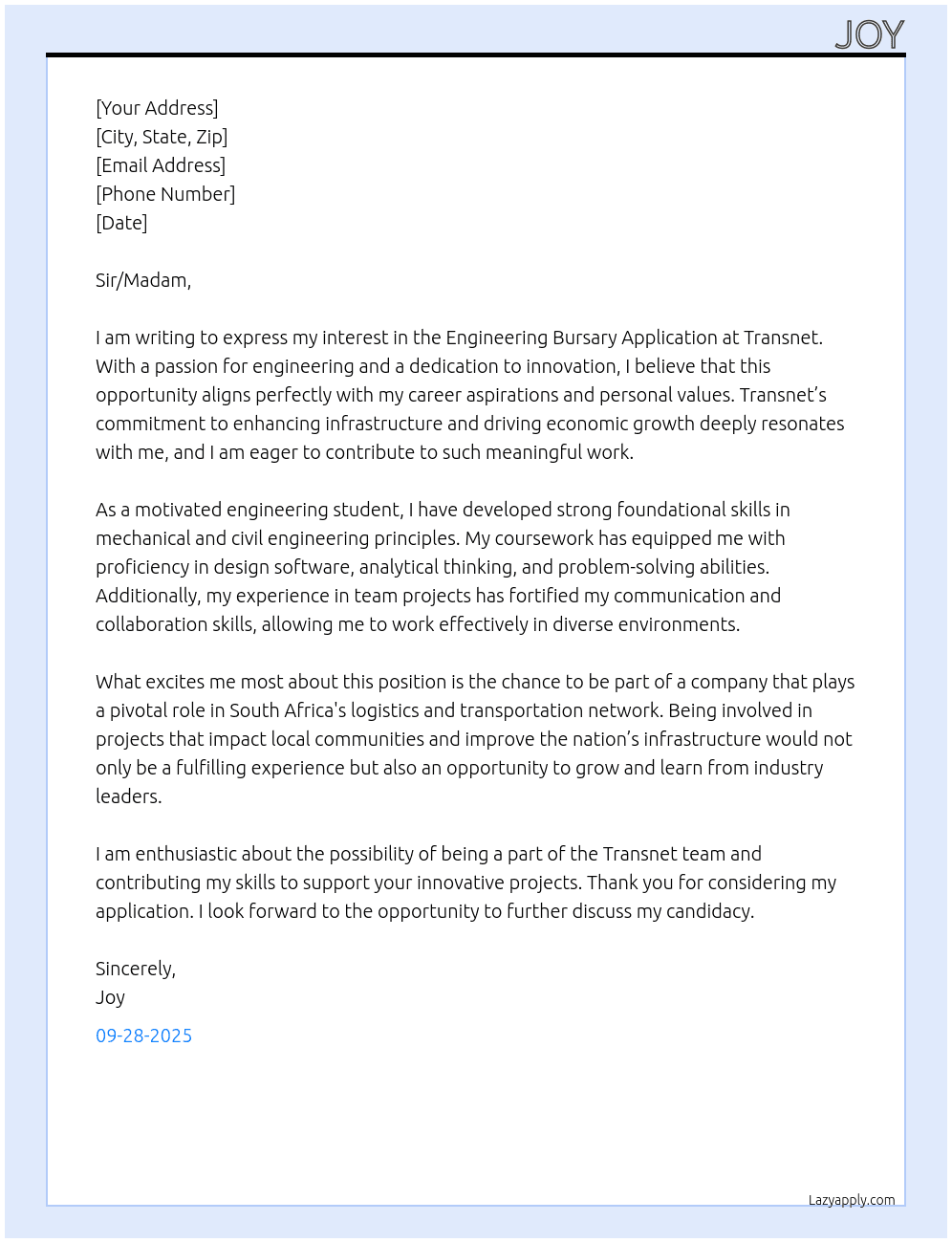 Cover letter for engineering busary application - LazyApply
