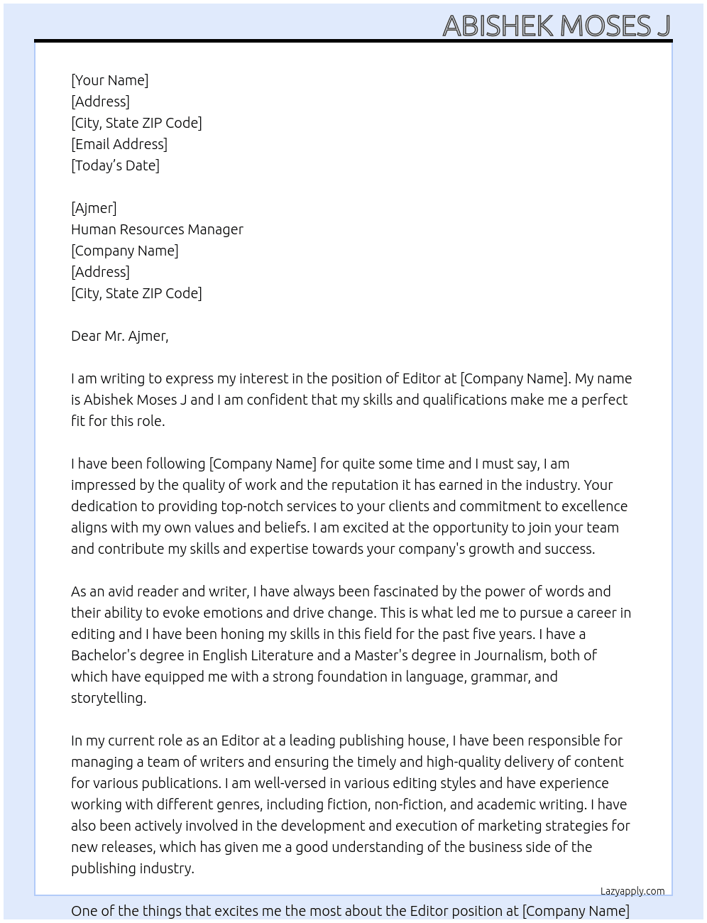 Editor  At AM Cover Letter