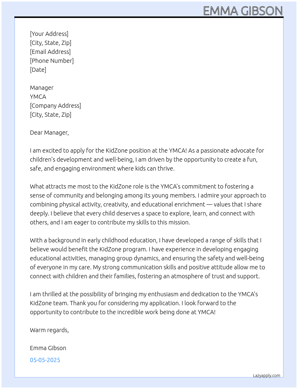 Cover letter for kidzone - LazyApply