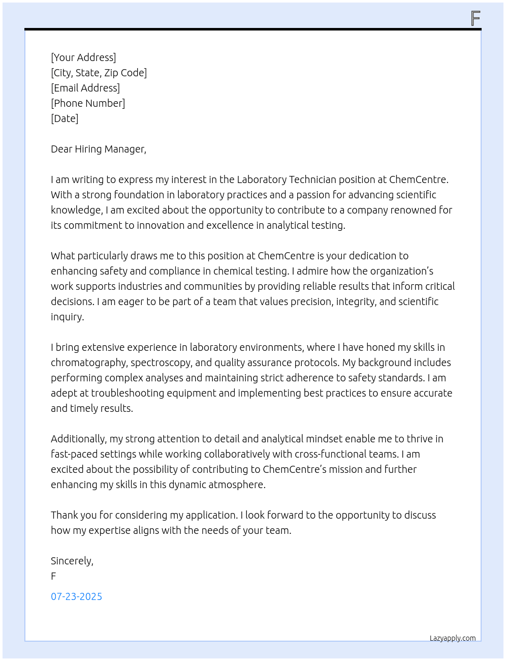 laboratory technician At ChemCentre Cover Letter